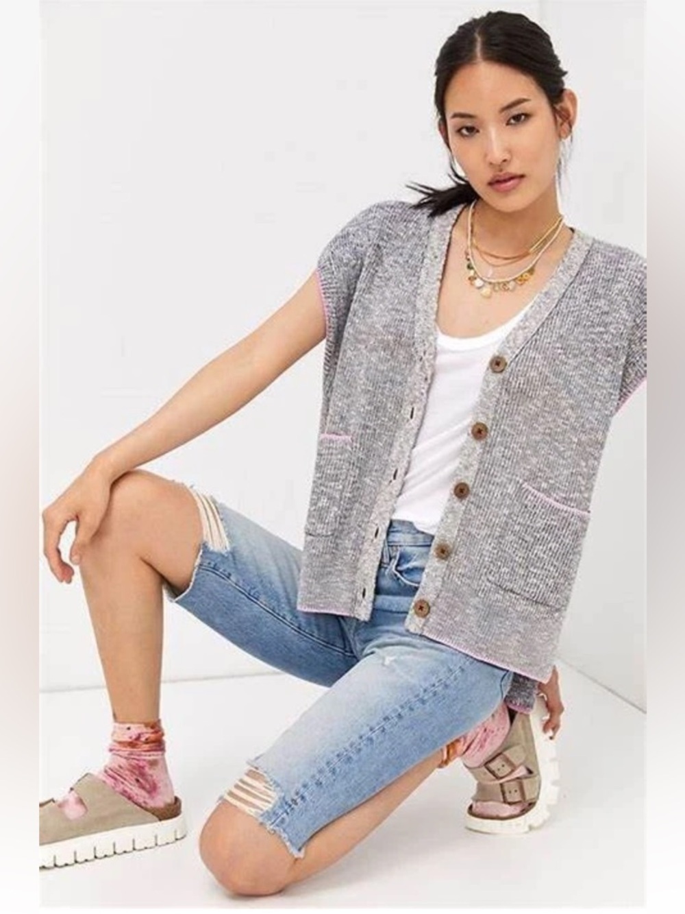 Anthropologie Pilcro Washed Oversized Button Front Sweater Vest Grey Size M